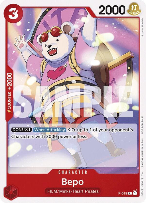 A One Piece promotion card showcases Bepo, a white bear in a pink spacesuit and yellow sunglasses, leaping with a clenched fist. The card features a red border, 2000 power, +2000 counter, 3 cost, and offers a special attack to K.O. an opponent’s character with 3000 power or less. "Sample" text overlays the card.

Bandai **Bepo (Tournament Pack Vol. 7) [One Piece Promotion Cards]** features this exciting character in dynamic action!