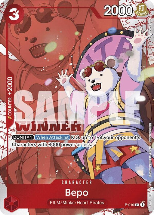 A trading card featuring a white bear named Bepo with a joyful expression, wearing colorful pirate-themed clothing and accessories. The promo card, part of the Bandai One Piece Promotion Cards collection, titled Bepo (Winner Pack Vol. 7), has a red border with text indicating 2000 power points and special attack details against a dynamic comic-style background.