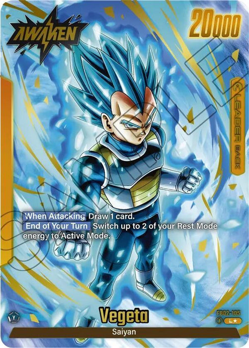 A Dragon Ball Super: Fusion World card featuring Vegeta (FB02-105) (Alternate Art) [Blazing Aura]. Vegeta stands in a powerful pose, surrounded by a blazing blue aura. The card has a gold frame, a power level of 20,000, and text that describes actions to perform when attacking and at the end of the turn.