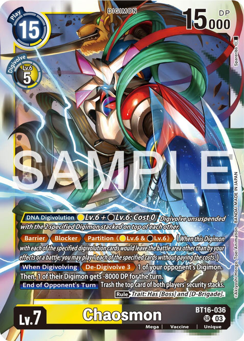 A Super Rare trading card titled "Chaosmon [BT16-036] [Beginning Observer]" from the Digimon series. It has a Play Cost of 15 and DP of 15000, featuring a powerful creature with green hair and multiple limbs in vibrant colors. The card boasts abilities like DNA Digivolution, Blocker, and De-Digivolve, along with game rules and details.