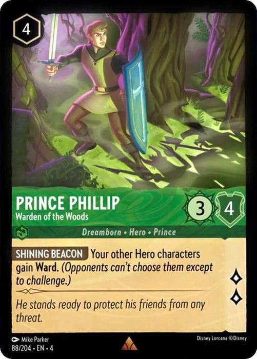 A rare Disney Lorcana trading card featuring Prince Phillip - Warden of the Woods (88/204) [Ursula's Return]. He is dressed in green armor, holding a glowing sword and a blue shield. The card has a green background with trees. The stats are: Cost 4 ink, Strength 3, and Willpower 4. Text includes a special ability called "Shining Beacon.