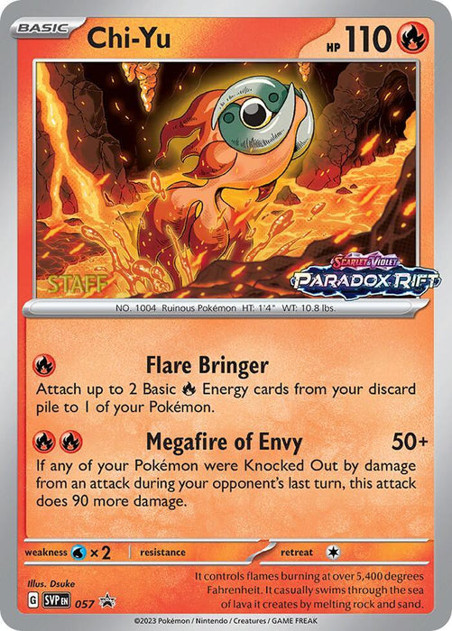 This Fire Type Pokémon trading card features Chi-Yu with 110 HP. The card shows Chi-Yu, a fish-like Pokémon with a green and orange color scheme and fiery details. It has moves Flare Bringer and Megafire of Envy from the Scarlet & Violet Paradox Rift set. Weakness to Water and retreat cost is one energy. This is the **Pokémon Chi-Yu (057) (Staff Prerelease Promo) [Scarlet & Violet: Black Star Promos]** card.