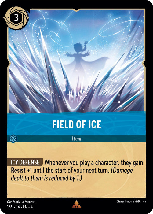 A rare collectible card titled "Field of Ice (166/204) [Ursula's Return]" from Disney. The card features artwork of a stylized ice landscape with jagged formations and a silhouetted figure with outstretched arms. Costing 3, the card includes game text describing the "Icy Defense" ability.