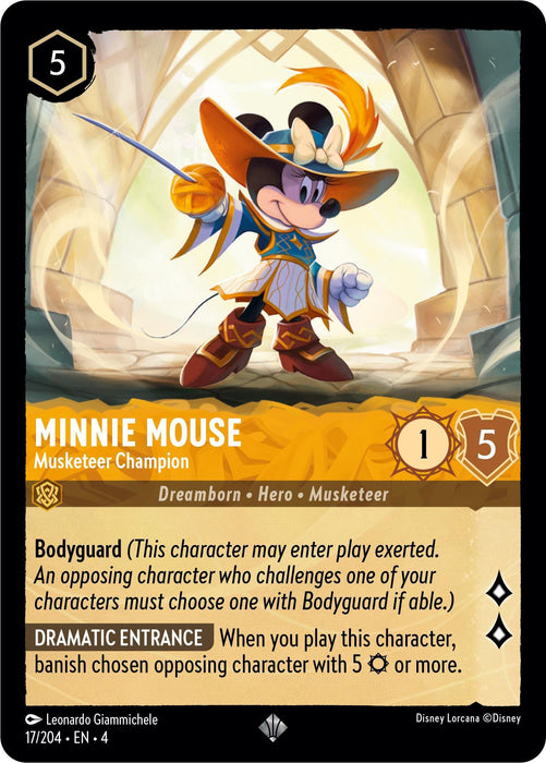 A Super Rare "Minnie Mouse - Musketeer Champion (17/204) [Ursula's Return]" trading card featuring Minnie Mouse dressed as a Musketeer Champion. The card attributes are 5 cost, 1 attack, and 5 defense. Text includes "Bodyguard" and "Dramatic Entrance" abilities. Illustration by Leonardo Giammichele. Card number is 17/204. Brand: Disney.