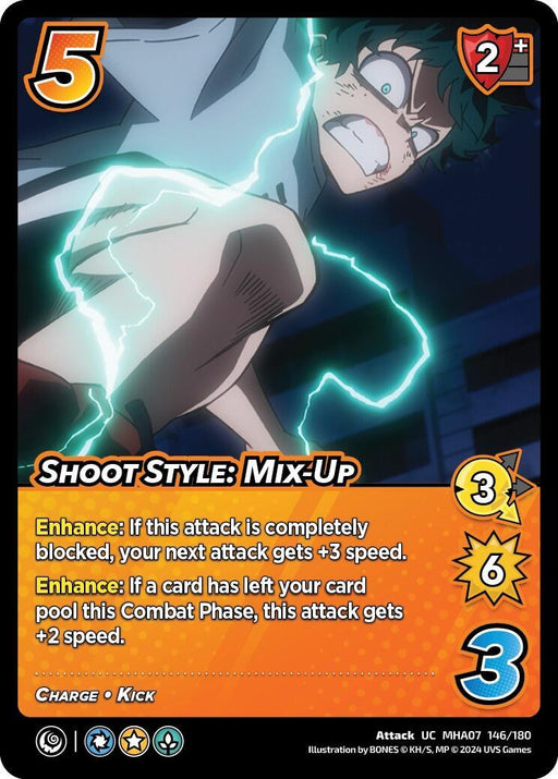 A trading card features an animated character with green hair, wearing a fierce expression as they punch. Bright, blue electricity surrounds their arm. The card showcases various icons and text boxes detailing attack stats: a 5 difficulty, 2 check, 3 control, and 6 damage. The text describes the abilities "Enhance" and "Charge + Kick". The product name is Shoot Style: Mix-Up [Girl Power] from the brand UniVersus.