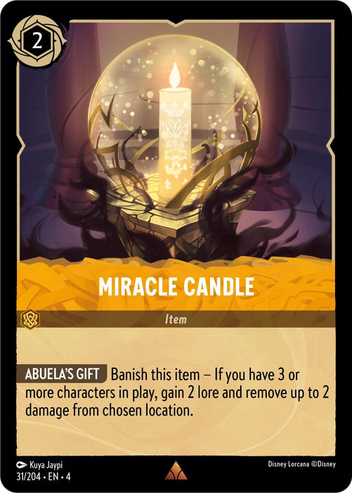 A rare golden card titled "Miracle Candle (31/204) [Ursula's Return]" from Disney, depicting a glowing candle with intricate designs, hovering in front of a background adorned with magical patterns. The card's attributes include a cost of 2 and the item type. Text below describes the card's special abilities, referred to as "Abuela's Gift.