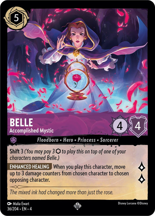 A Disney Lorcana trading card featuring the character Belle, titled "Accomplished Mystic." This super rare card depicts Belle in a hooded cloak, holding a glass-encased enchanted rose. The card displays her attributes: 5 cost, 4 attack, and 4 defense. Description and ability details are below the image.

Product Name: Belle - Accomplished Mystic (36/204) [Ursula's Return]

Brand Name: Disney