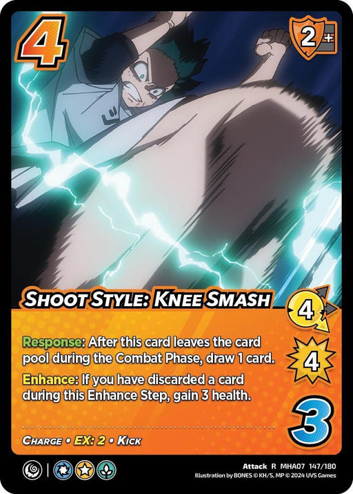 A rare trading card featuring an anime character performing a powerful knee smash attack. Text on the card includes stats such as a 4 difficulty, 2 energy cost, 4 attack, and 3 damage. The card's name is "Shoot Style: Knee Smash [Girl Power]," with abilities described in detail below the title. Bright dynamic art shows intense action in this charge-filled attack card from UniVersus.