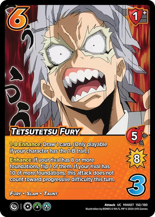 A trading card featuring an animated character with spiky white hair and a fierce expression. The card showcases "6" energy cost, "1+" attack value, and "Tetsutetsu Fury Slam" as the attack name. The text describes attack and enhancement abilities. The character's name is below the image. The background is red with fiery effects.

**UniVersus Tetsutetsu Fury [Girl Power]**