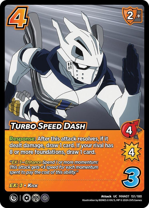A trading card titled "Turbo Speed Dash [Girl Power]" from the "UniVersus" series. It features a white-armored character in an action pose, ready to unleash a powerful kick attack. The card is numbered 151/180, with an orange "4" in its top corners. This uncommon card has stats of 4 attack, 4 defense, and 3 speed along with detailed action.