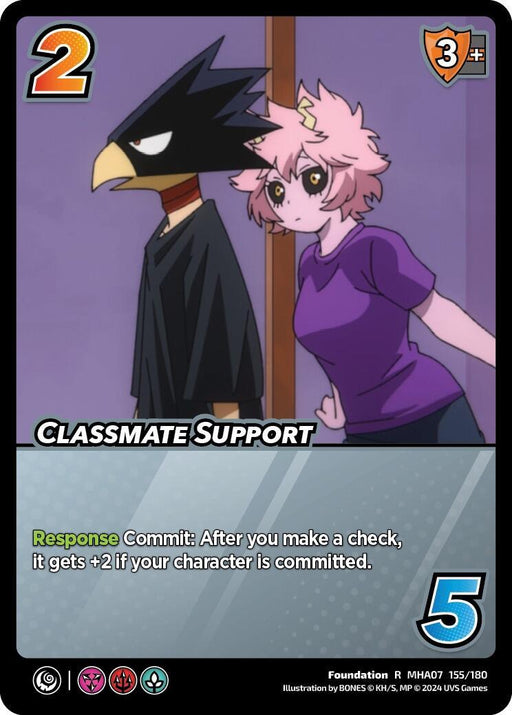 A rare trading card labeled "Classmate Support [Girl Power]" from the UniVersus brand features two characters from "My Hero Academia": Tokoyami, a bird-headed figure in a black cloak, and Mina Ashido, a pink-skinned girl with pink hair and horns. This foundation card includes game stats such as energy, defense, special abilities, and Check: 5.