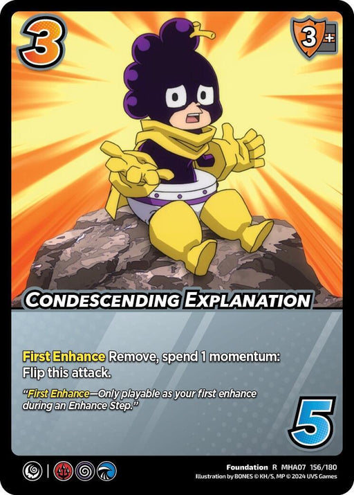 A rare UniVersus collectible card titled "Condescending Explanation [Girl Power]" features a worried character in a hero costume sitting on a rock, framed by a blue background. The card details include a cost of 3, attack symbols, actions requiring momentum, and various card values.