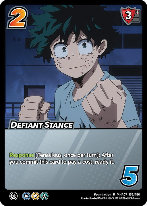A rare trading card from the My Hero Academia collectible card game. The card features a character with green hair and a determined expression, clenching their fists. Titled "Defiant Stance [Girl Power]," it boasts a 3 shield value, 5 difficulty, and response ability text on this tenacious foundation of strength by UniVersus.