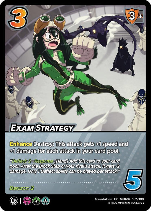 A card from the UniVersus Collectible Card Game titled "Exam Strategy [Girl Power]." This uncommon card features a character in a green and black frog-themed outfit with goggles, leaping forward with a determined expression. Three shadowy figures are in the background. The card details are listed below the image.