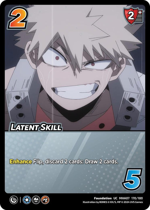 A trading card featuring an animated character with spiky hair, an intense expression, and clenched teeth. The top left shows '2', the top right displays '2+', and the bottom right indicates '5'. This Uncommon card titled "Latent Skill [Girl Power]" from UniVersus reads: "Enhance Flip, discard 2 cards: Draw 2 cards.