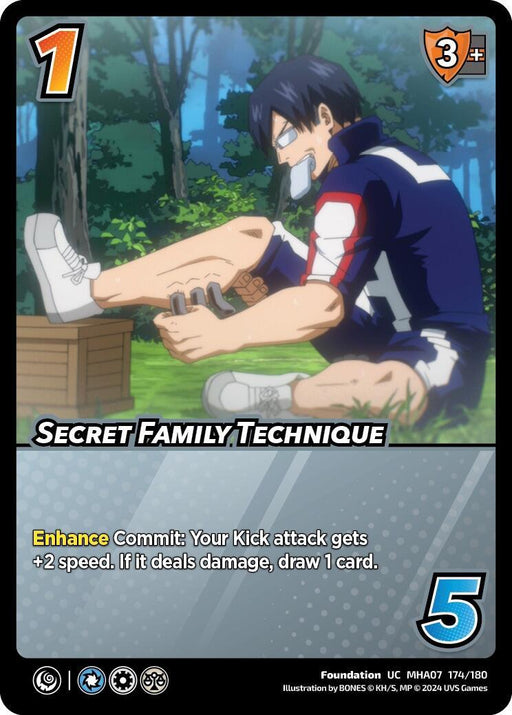 A collectible playing card from the MHA set features a young man in a superhero costume sitting outdoors, with a crate beside him and putting on his shoes. He has dark hair and glasses, appearing focused. This uncommon card, titled "Secret Family Technique [Girl Power]," highlights various stats and abilities related to kick attacks. It is part of the UniVersus brand collection.