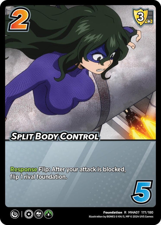A trading card featuring a character with long green hair, a purple mask, and a skintight purple suit. The card has a 2 difficulty, a 3 control, and a 5 check. Special ability: "Response Flip: After your attack is blocked, flip 1 rival foundation." The rarity of the card adds to its allure, titled "Split Body Control [Girl Power]" from UniVersus.