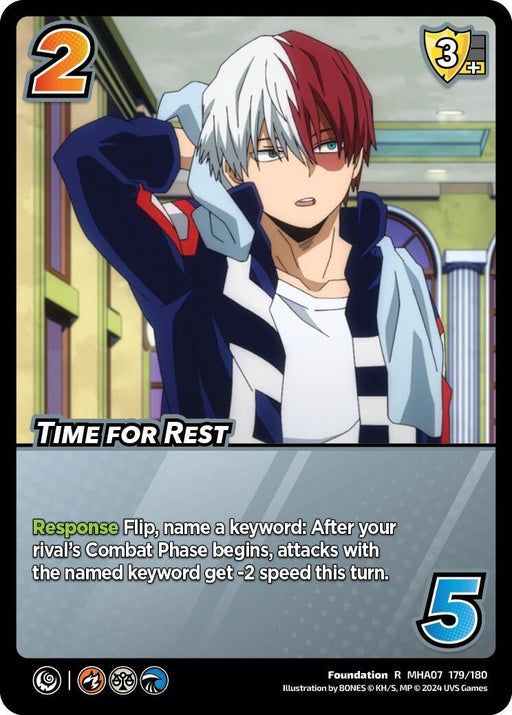 A rare trading card depicting a character with white and red hair in a school uniform, labeled "Time For Rest [Girl Power]." The card has attributes including "2 difficulty" and "5 control value." The Foundation card effect reads: "Response Flip, name a keyword: After your rival's Combat Phase begins, attacks with the named keyword get -2 speed this turn." This trading card is part of the UniVersus collection.