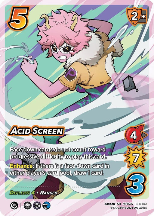 A colorful, action-packed Secret Rare card features a character with pink hair, horns, and a yellow shirt. She is wielding a watery, acrobatic attack named "Acid Screen." The card displays various stats: 5 difficulty, 2 check, 4 control, 7 speed, and 3 damage. The text outlines the card's abilities and enhancements. This unique item is called **Acid Screen [Girl Power]** from the brand **UniVersus**.