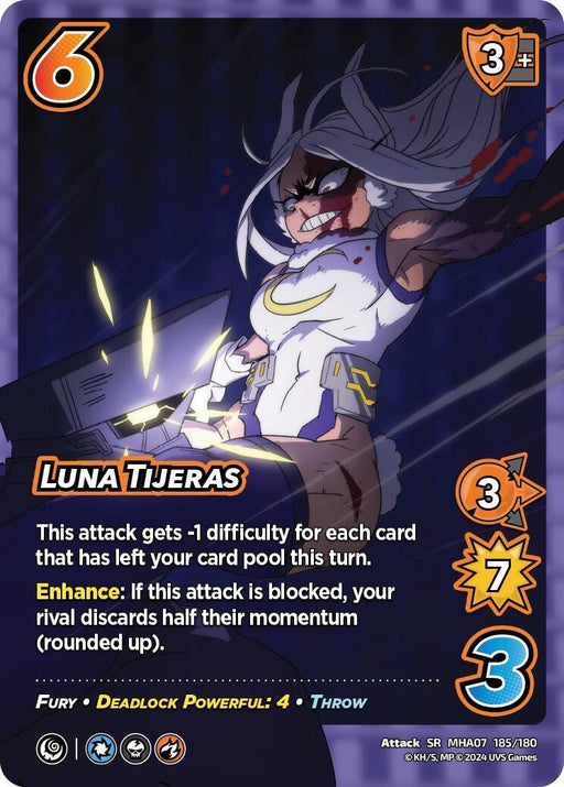 A UniVersus trading card featuring "Luna Tijeras [Girl Power]" with a 6 difficulty rating and 3 check value. It depicts a fierce character with long white hair, wearing a torn outfit, and holding a glowing blade of fury. The card details her attack stats: 3 speed, 7 damage, and 3 range. Special abilities are listed at the bottom.