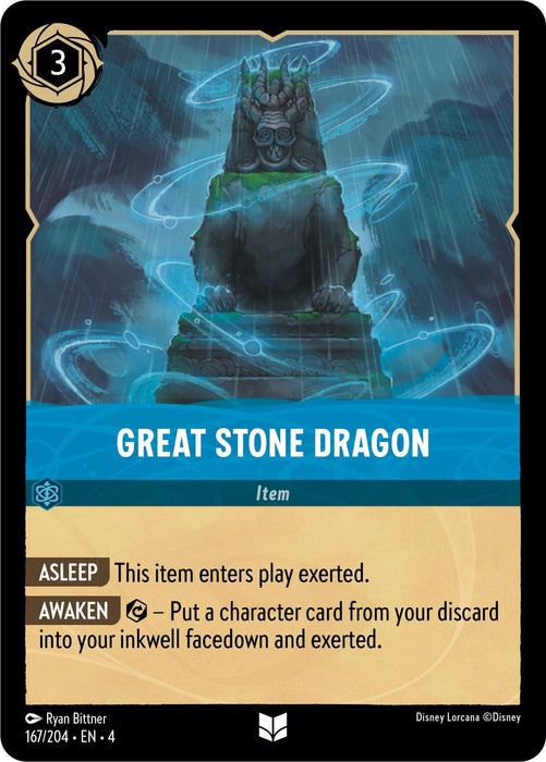 A card depicts a large stone dragon sitting on a rocky throne, surrounded by swirling blue light. The top left shows the number “3” in a hexagon. Text reads: "Great Stone Dragon (167/204) [Ursula's Return] – Uncommon card – ASLEEP: This item enters play exerted. AWAKEN: Put a character card from your discard into your inkwell facedown and exerted.” - Disney