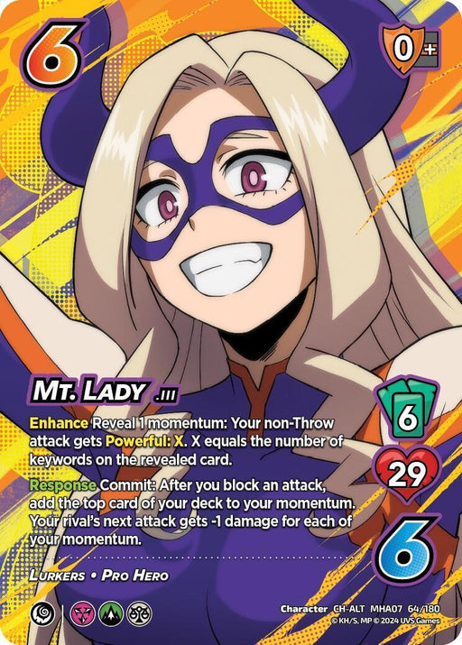 A card from the game "UniVersus" features Pro Hero Mt. Lady, a purple-masked and horned heroine with long blonde hair and a confident smile. The Mt. Lady (Alternate Art) [Girl Power] Character Alternate Art Rare boasts a 6 difficulty, 6 check value, and 0+ block with abilities that enhance attacks and manage momentum.