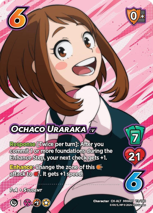 This Ochaco Uraraka (Alternate Art) [Girl Power] UniVersus trading card features a cheerful student with shoulder-length brown hair, wearing a pink and black suit. Her name, Ochaco Uraraka, is displayed. Card details include: attack power of 6, defense of 0, speed of 7, health of 21, and required level of 6. Abilities are listed in green and yellow text.