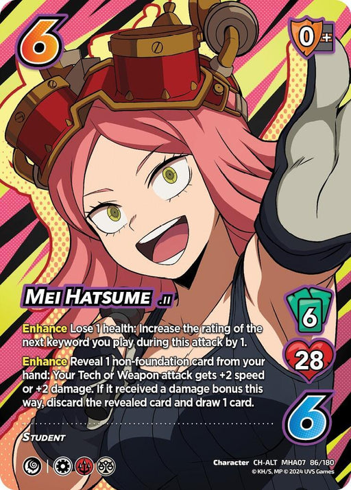 The image is a Mei Hatsume (Alternate Art) [Girl Power] playing card featuring Mei Hatsume from My Hero Academia. It has a 6-hand size, 0 difficulty, and 6 control. Mei has pink hair, goggles, and is wearing a black tank top. The card stats show a health of 28 and an attack power of 6, including enhancements and abilities.