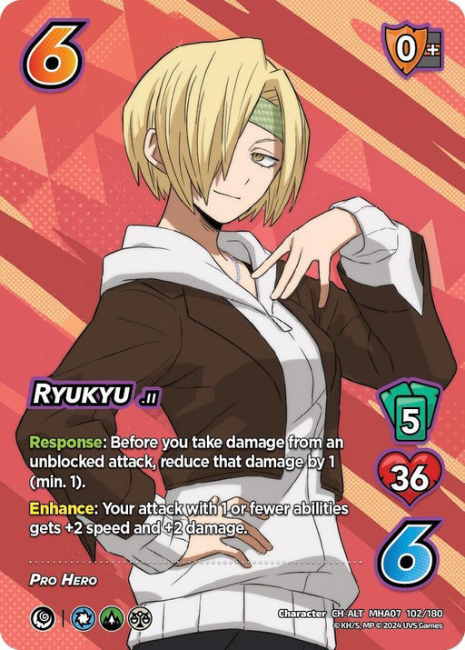 A game card features a Character Alternate Art Rare of Pro Hero Ryukyu, showcasing her with chin-length blonde hair, a brown jacket over a white shirt, and a green headband. She makes a hand gesture with her fingers. The card includes stats: 0 control, 6 difficulty, 5 check, 36 health, and 6 damage. Text details special abilities. This product is known as Ryukyu (Alternate Art) [Girl Power] from UniVersus.