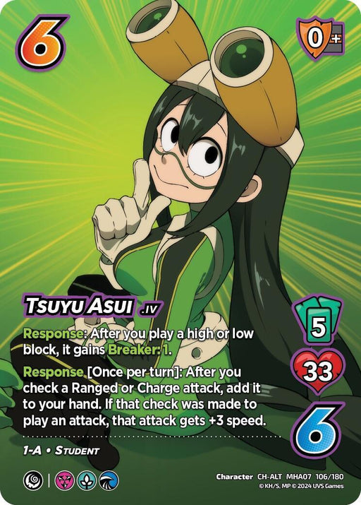 A UniVersus collectible card featuring Tsuyu Asui in a striking Character Alternate Art Rare design. She is illustrated in her green and black hero costume, smiling with a peace sign. The card lists her name and details, including "6 difficulty," "0+ block modifier," and "33 health," with powers and stats shown. The product name for this card is Tsuyu Asui (Alternate Art) [Girl Power].