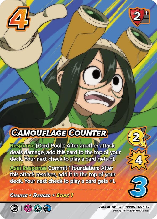 A trading card featuring Camie Utsushimi from the series My Hero Academia. The Ultra Rare Card named "Camouflage Counter (Alternate Art) [Girl Power]" by UniVersus has a multi-color background with a heroic motif. It boasts attack stats: 4 difficulty, 2 high attack zone, 4 power, and 3 speed, along with various abilities and responses.