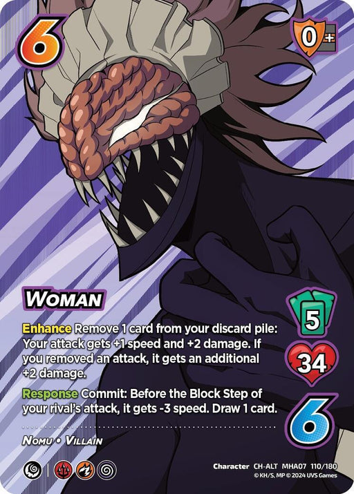 A card from the UniVersus featuring Woman (Alternate Art) [Girl Power], labeled as a Villain. This Character Alternate Art Rare shows a monstrous figure with bulging muscles, brain-like features, and sharp teeth. Key stats: 5 difficulty, 6 control, 0 check, 34 health, 6 hand size. Background has a purple pattern. Card number: MHA07