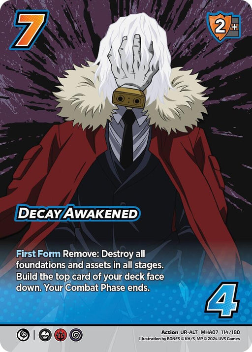 A collectible card featuring a character with white hair covering their face with a gloved hand, wearing a red coat over a black suit and tie. This Ultra Rare Alternate Art card showcases "Decay Awakened (Alternate Art) [Girl Power]" by UniVersus with game stats of 7 and 4. The background is purple with dynamic, swirling graphics.