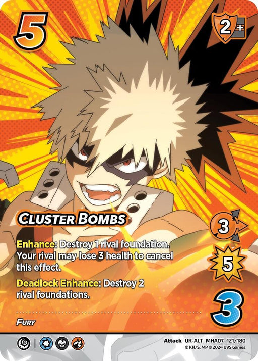 A UniVersus Cluster Bombs (Alternate Art) [Girl Power] collectible card features an anime character with spiky blonde hair and a fierce expression. Surrounded by dynamic orange and yellow burst graphics, the Fury Attack Card displays stats: 5 difficulty, 2 control, 3 speed, 5 damage, and 3 block. Text reads "Cluster Bombs.