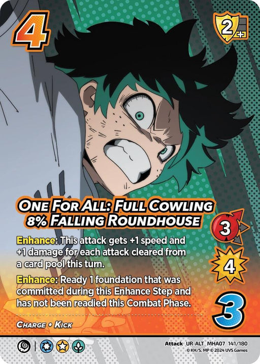 A trading card featuring a green-haired character in a dynamic pose. The ultra rare alternate art card is numbered 4 and depicts stats: 2 low block, 3 difficulty, 4 control, and 3 check. It describes an attack move named "One For All: Full Cowling 8% Falling Roundhouse (Alternate Art) [Girl Power]" with details about speed, damage, and enhance abilities.