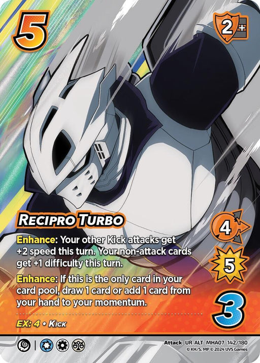 A trading card featuring a white-armored character in a dynamic pose. The Ultra Rare Alternate Art card is labeled "Recipro Turbo (Alternate Art) [Girl Power]" and displays various stats: 5 difficulty, 2 check, 4 control, EX: 4 mid attack, and 3 damage. Additional text provides card abilities and enhancements. This product is from UniVersus.