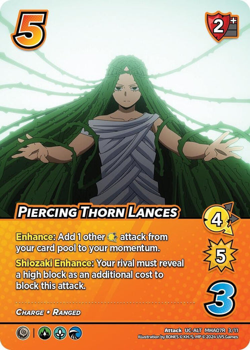 A UniVersus trading card featuring a character with long, vine-like hair in a flowing, strapless dress made of vines. The card is numbered "5" with a shield icon showing "2+". The attack, "Piercing Thorn Lances," has an attack value of "4," a speed of "5," and a control value of "3." This Uncommon Alternate Art version, Piercing Thorn Lances (Alternate Art) [Girl Power], includes icons and text.