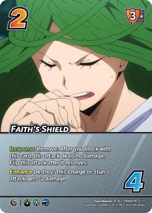 A Foundation card from "UniVersus" titled "Faith's Shield (Alternate Art) [Girl Power]." This Rare Alternate Art features a character with green leafy hair, clenched fist near their face, and a determined expression. It has a 2 difficulty, 4 check, 3+ high block modifier, and abilities for Response and Enhance.