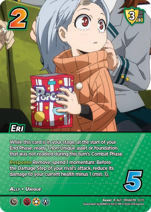A card from the UniVersus "My Hero Academia Collectible Card Game" featuring an excited girl holding a red and white striped popcorn box. Labeled "Eri (Alternate Art) [Girl Power]," this Unique Ally card boasts Rare Alternate Art with a value of 2 in the top left corner and 5 in the bottom right, along with descriptive game text and symbols.