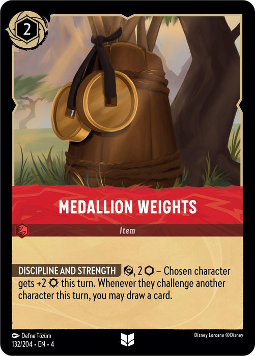 A "Medallion Weights (132/204) [Ursula's Return]" card from the Disney Lorcana game. The card displays two gold medallions hanging from a thick rope tied to a tree on a grassy field. The card details, including cost, abilities like Exert, and game effects in text and symbols at the bottom, make it perfect for any strategy.