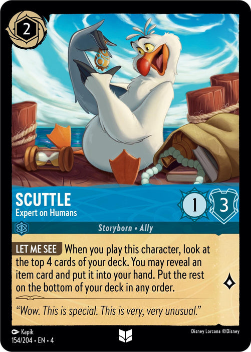A Disney card named "Scuttle - Expert on Humans (154/204) [Ursula's Return]," showcases a seagull perched on a wooden structure. The uncommon card costs 2 and boasts a strength of 1 and willpower of 3. Its special abilities include "Let Me See," with flavor text stating, "Wow. This is special. This is very, very unusual.
