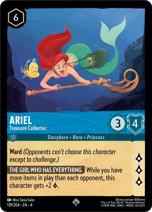 A Disney Lorcana trading card featuring Ariel - Treasure Collector (139/204) [Ursula's Return]. Ariel is depicted holding a rope while swimming, surrounded by water. The Super Rare card has a cost of 6, strength of 3, and willpower of 4. The abilities are detailed in text boxes. Bottom shows artist credits and standard game info.