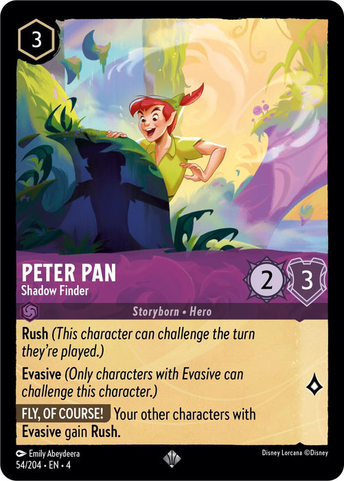 A Disney Peter Pan - Shadow Finder (54/204) [Ursula's Return] trading card features Peter Pan, Shadow Finder. Peter Pan is illustrated in a vibrant, whimsical landscape with flowing colors. This super rare card has an ink cost of 3, strength of 2, and willpower of 3. Abilities include Rush, Evasive, and Fly of Course, granting Evasive characters Rush.