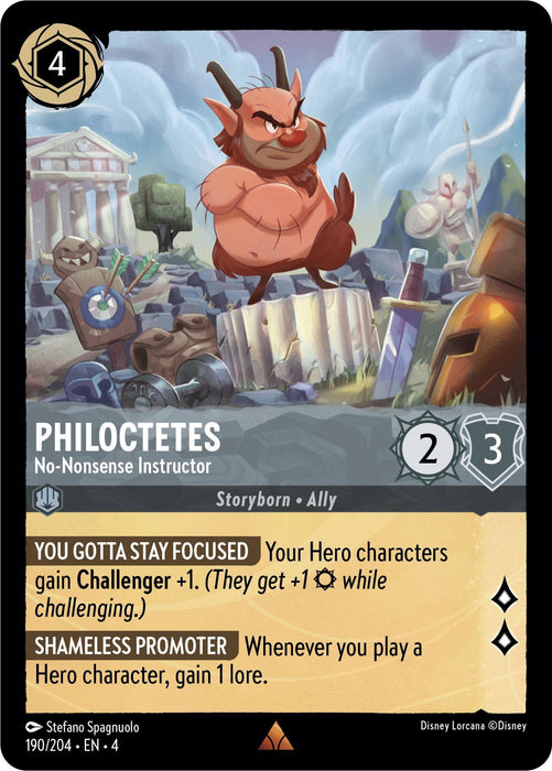 A rare game card titled "Philoctetes - No-Nonsense Instructor (190/204) [Ursula's Return]" by Disney shows an illustrated muscular, red-skinned, goat-legged character wearing a loincloth. The stats are 4 cost, 2 power, and 3 health. The card has two abilities: "YOU GOTTA STAY FOCUSED" and "SHAMELESS PROMOTER.