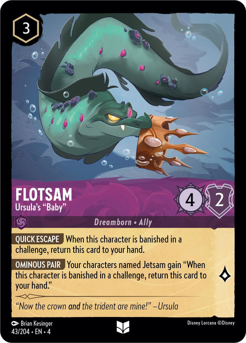 A Disney Lorcana trading card featuring "Flotsam - Ursula's 'Baby' (43/204) [Ursula's Return]," with an ink cost of 3. It shows an eel in water, with stats of 4 strength and 2 willpower. This uncommon release has the abilities "Quick Escape" and "Ominous Pair," and includes a quote from Ursula.