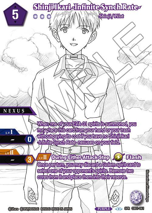 An anime-style card featuring a boy with short hair standing in front of a machine, "Shinji Ikari -Infinite Synch Rate- (SPR) (CB01-061) [Collaboration Booster 01: Halo of Awakening]," classified as a Nexus and part of the Bandai "Collaboration Booster 01" series. The Special Rare card details abilities and effects, including level boosts and special attack steps. Text and icons are neatly arranged in designated sections.