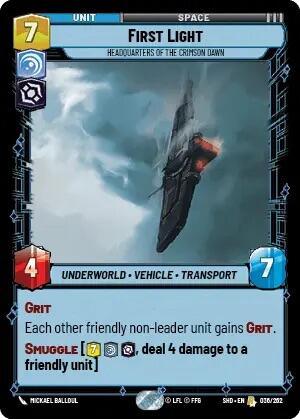 A rare trading card titled "First Light - Headquarters of the Crimson Dawn (036/262) [Shadows of the Galaxy]" from Fantasy Flight Games features a dark spaceship soaring through a stormy sky. The card has a value of 7 in the top left corner and a 4/7 in the bottom corners. Text includes "Underworld Vehicle Transport," abilities "Grit" and "Smuggle (7)," and flavor text "Headquarters of the Crimson Dawn.