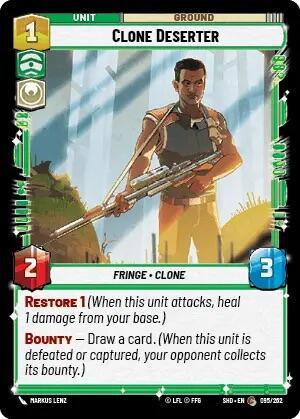 A trading card illustration from Clone Deserter (095/262) [Shadows of the Galaxy] by Fantasy Flight Games features a character named "Clone Deserter". The card shows a man holding a rifle in a forest. He has 2 attack and 3 defense points, with special abilities: "Restore 1" and "Bounty", detailed in the Card Game's gameplay text.