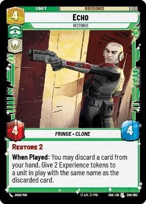 A trading card from the "Shadows of the Galaxy" series features a humanoid character named Echo aiming a blaster. The Echo - Restored (099/262) [Shadows of the Galaxy] card portrays this Fringe - Clone unit with 4 power and 4 health. Key abilities include "Restore 2" and a special action allowing discarding a card to grant experience tokens to a matching unit in play.
