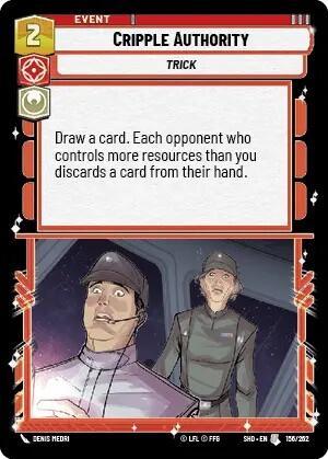 An illustrated, uncommon card titled "Cripple Authority (156/262) [Shadows of the Galaxy]" from Fantasy Flight Games costs 2 resources. This "Trick" event card shows two uniformed men, one looking shocked. Its text reads, "Draw a card. Each opponent who controls more resources than you discards a card from their hand.